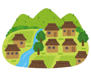 山、川、田んぼなど、たくさんの自然が残った昔ながらの日本の農村のイラスト