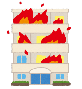 マンションが火災になって大きな炎が燃え広がっているイラスト
