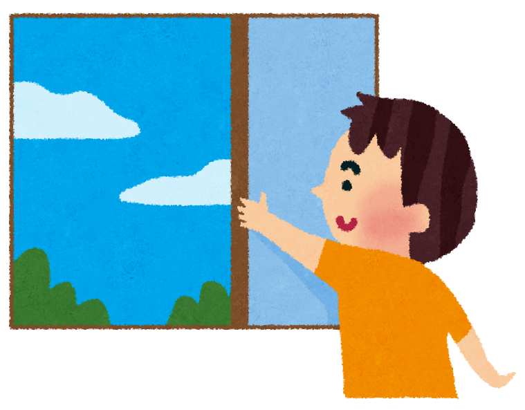 窓を開けて 閉めて 部屋の換気をしている男の子のイラスト ３つの顔を持つ男のブログ